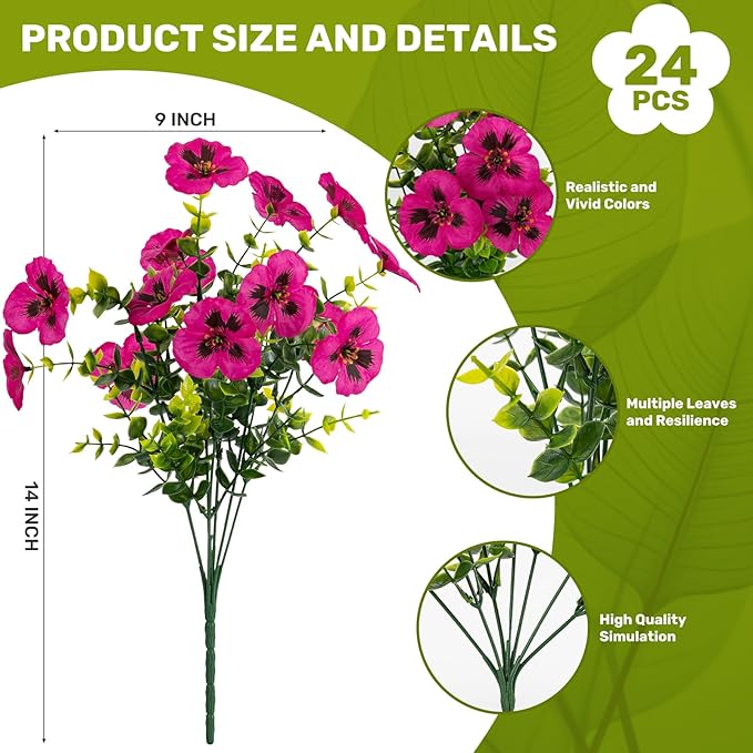 24 Pcs Artificial Fake Pansy Flowers for Outdoor,Faux Silk Plants Flowers UV Resistant Pansies Spring Flowers for Planter Front Door Porch Yard Patio Garden Window Box Home Decor(Fuchsia)