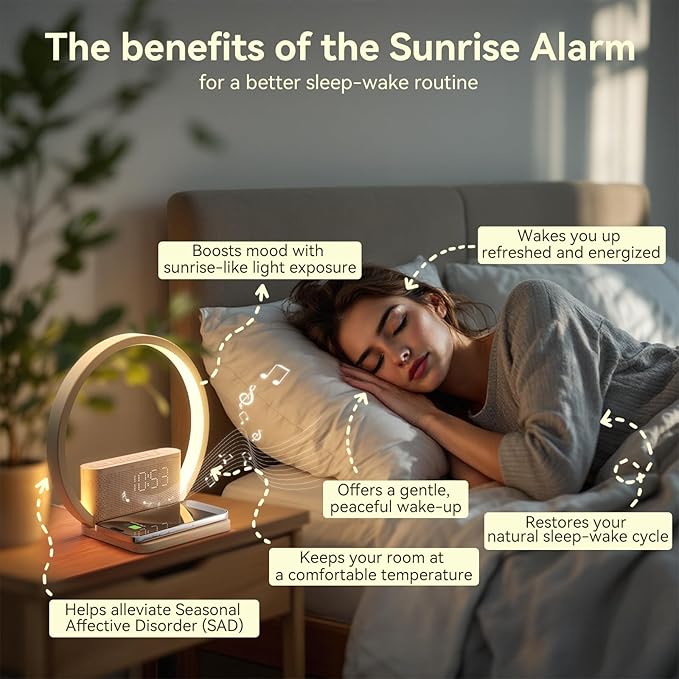 Vivilumens Sunrise Alarm Clock Wireless Charger, 10 White Noise Sound Machine Alarm Clock with 30/60/90 Mins Timer, 3 Levels Touch Night Light Dual Clocks for Heavy Sleeper Bedroom Decor Gift for Her