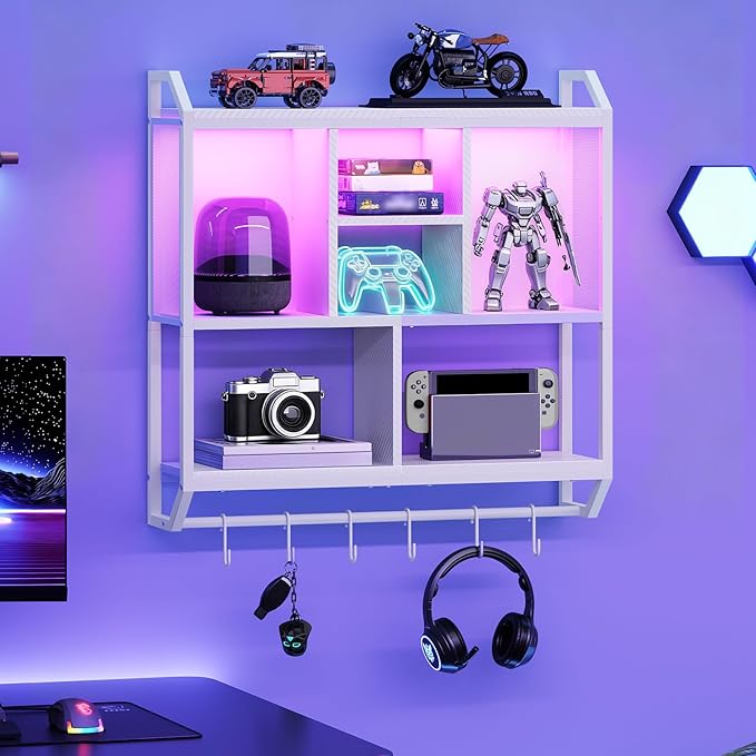 HOOBRO Gaming Floating Shelves with LED Lights, 28.7" LED Wall Mounted Shelf, 3-Tier Display Rack for Wall Storage, Floating Rack with Hanging Rod and 6 S-Hooks, for Gaming Room, White WT70DBJ01