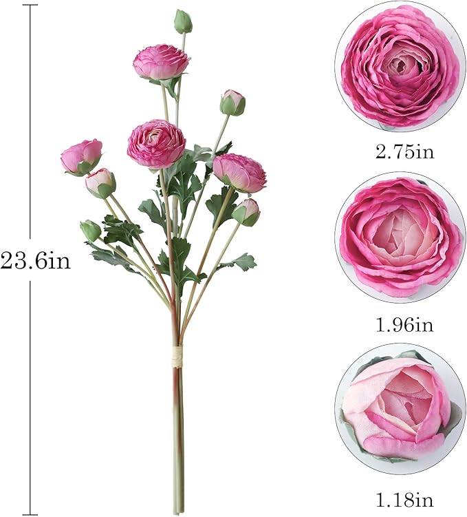 6Pcs Realistic Silk Purple Ranunculus Artificial Flowers Long Stems, 23.6" Tall Fake Flowers Faux Flowers Suit for Year-Round Home Decoration, Wedding, Bridal Bouquets, Office