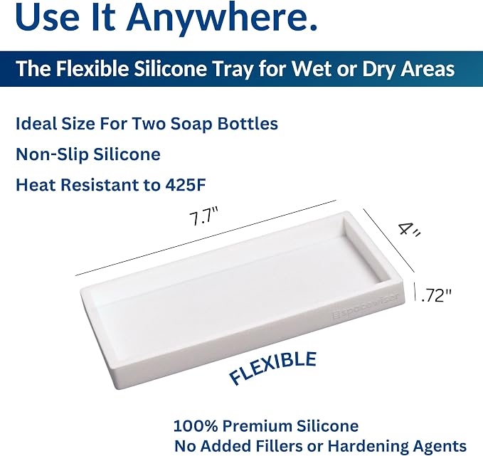 Spacewiser Countertop and Vanity Tray - Small 7.7” Silicone Tray for Soap Dispenser, Bathroom Trays, Dish Soap Trays for Kitchen Counter, Sink Caddy Sinks Organizer, Soaps Dish & Sponge Holder, White