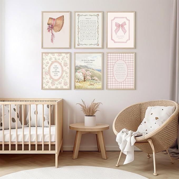 Christian Nursery Wall Art Bible Verse Canvas Wall Decor Pink Vintage Girls Nursery Poster Scripture Floral Bow Print Coquette Room Decor Pictures Jesus Artwork for Bedroom 12x16x6 Inch Wood Framed