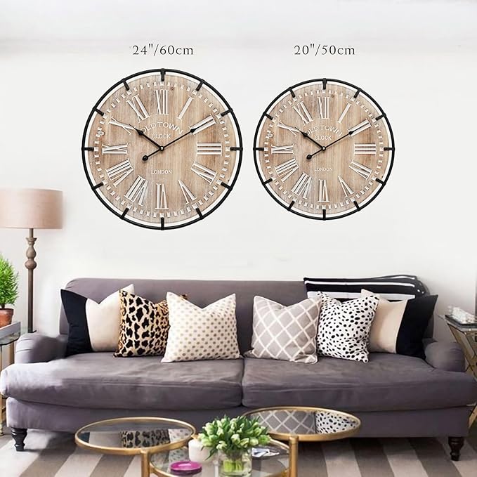 EMAX HOME 20 Inch Large Farmhouse Wall Clock, Rustic Antique Wood with Metal Circle and Large Engraved Numerals, Silent Battery Operated Wall Clock for Office Kitchen Bedroom Living Room