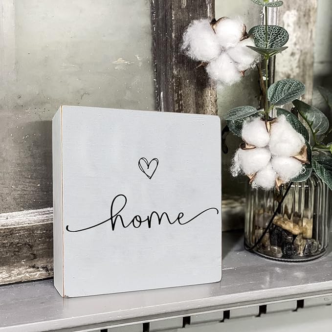TEOUIOS Home Sweet Home Sign, White Wood Box Plaque, Wooden Decorative Boxes for Home Decor Bedroom Shelf Desk Decor Family Sign 6"x 6" Welcome Sign New Home Housewarming Gift