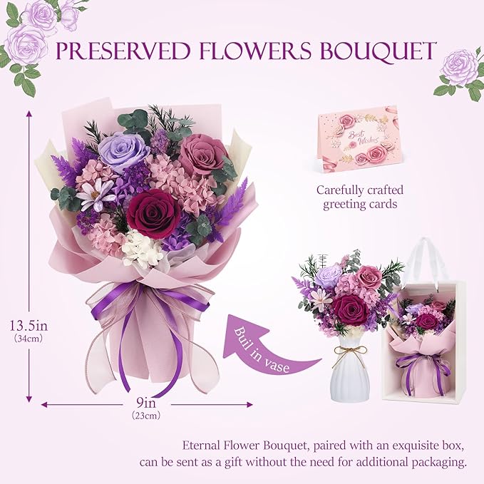 Flowers for Delivery Prime Preserved Flower Bouquet That Last 3-5 Years Real Forever Rose Bouquet for Her Women Wife Grandma Girlfriend Anniversary Birthday Mothers Day Gifts for Mom(Purple)