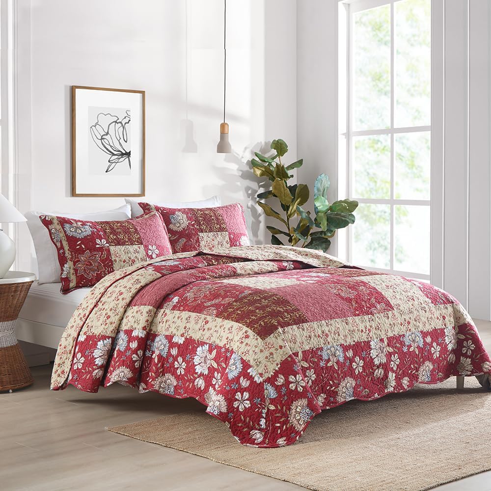 Cotton Bedspread Quilt Bedding Sets 3 Pieces Reversible Coverlet Sets Comforters Vintage Floral Patchwork Purple Red Bedspread, Queen Size