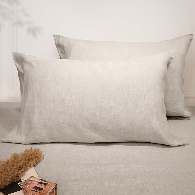 Linen Pillow Cases Standard Size Set of 2,100% French Flax Linen Pillowcases Breathable Washed Pillow Covers with Envelope Closure for Cooling Sleep Bedding Gift(Natural Linen,20x26)