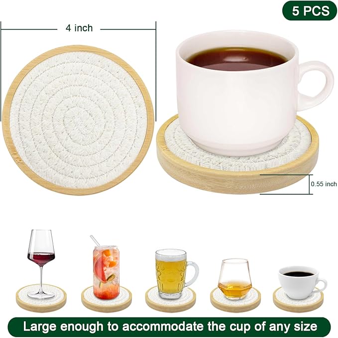 Eykao Bamboo Coasters for Drinks, Absorbent Coaster Sets of 5, Woven Drink Coasters for Coffee Table, Housewarming Gift for Farmhouse Home Decor,4 inches (White Series)
