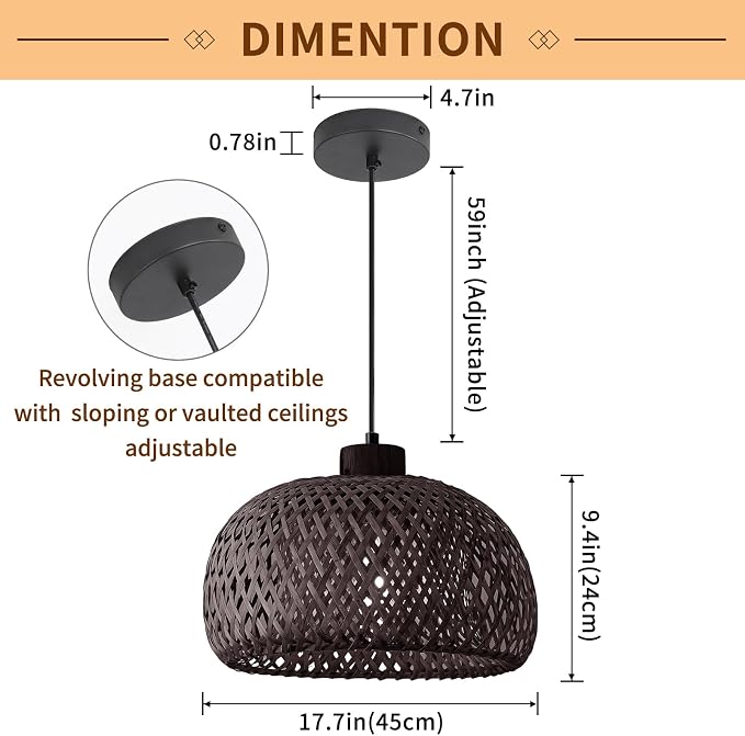 Black 18inch Bamboo Rattan Pendant Light, Hand-Woven Wicker Boho Hanging Ceiling Light Fixture, Pendant Lamp Rustic Farmhouse Chandelier for Kitchen Island, Dining Room, Living Room