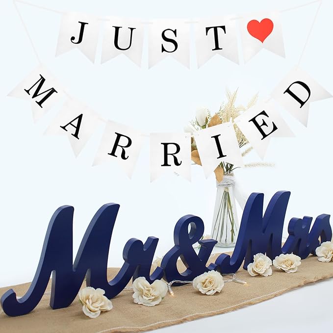 Mr Mrs Sign with Just Married Banner for Wedding Table, Mr and Mrs Wooden Letters, Mr. & Mrs. Wedding Decoration Items, Anniversary Party Vintage Decor (Navy blue W/banner)