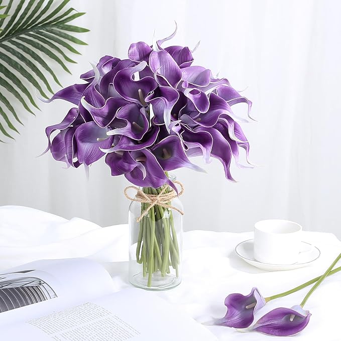 24 Pcs Purple Artificial Calla Lily Flowers Fake Purple Silk Flowers Real Touch for Wedding Bouquet Office Home Kitchen Decor
