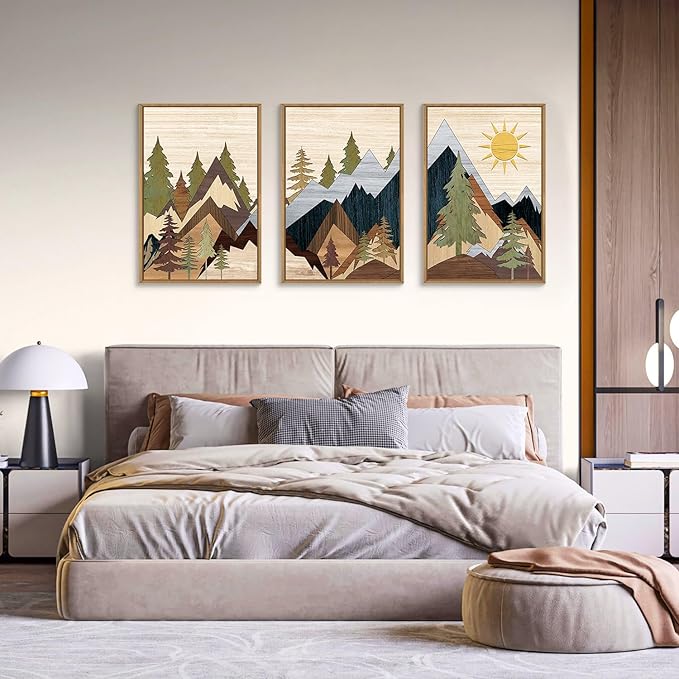 Mountain Pine Tree Framed Canvas Wall Art Set, Nature Wilderness Illustration Wall Decor, Woodcut Forest Wall Painting, Mid Century Modern Art Print for Living Room Bedroom Office 24"x36"x3