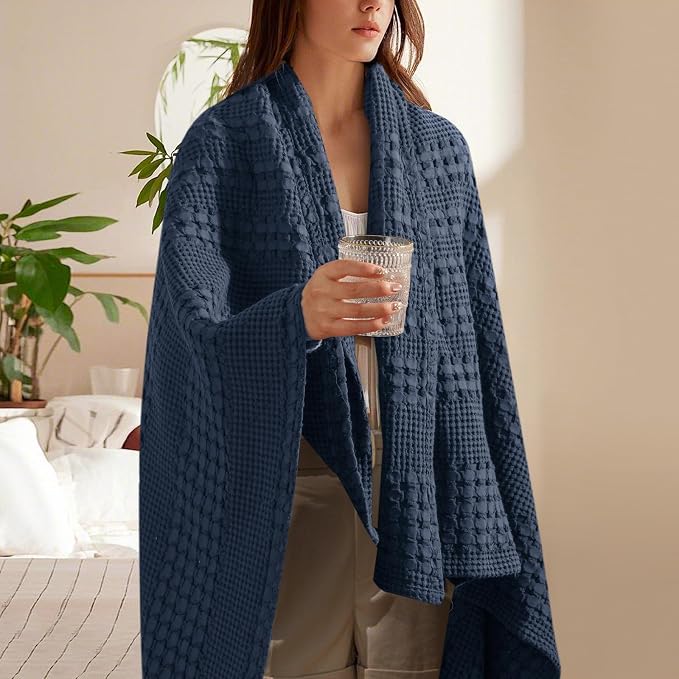 PHF 100% Cotton Waffle Throw Blanket for Couch, Lightweight Breathable and Soft for Summer, Luxury Aesthetic Waffle Weave Blanket for Home Decor & Office, Gifts for Women, 50"x60", Indigo