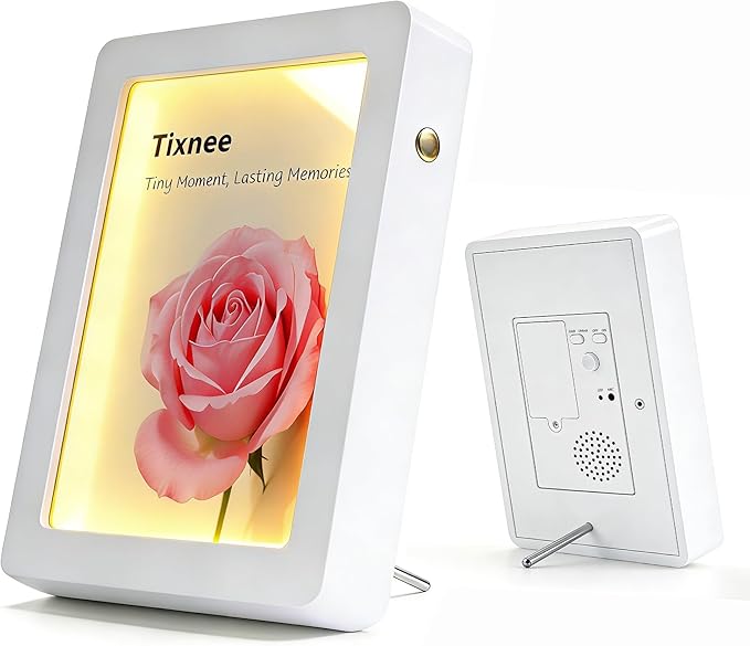 Wooden Photo Frame with Voice Recording and Soft LED Light – Personalized 180S Recordable Picture Frame Fits 3.5x5, 4x6 & 5x7 Photos, Tabletop Display, Meaningful Keepsake Gift (White)