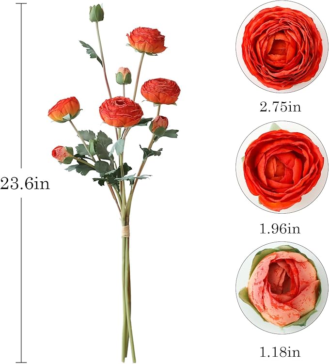 6Pcs Realistic Orange Silk Ranunculus Artificial Flowers Long Stems, 23.6" Tall Fake Flowers Faux Flowers Suit for Year-Round Home Decoration, Wedding, Bridal Bouquets, Office