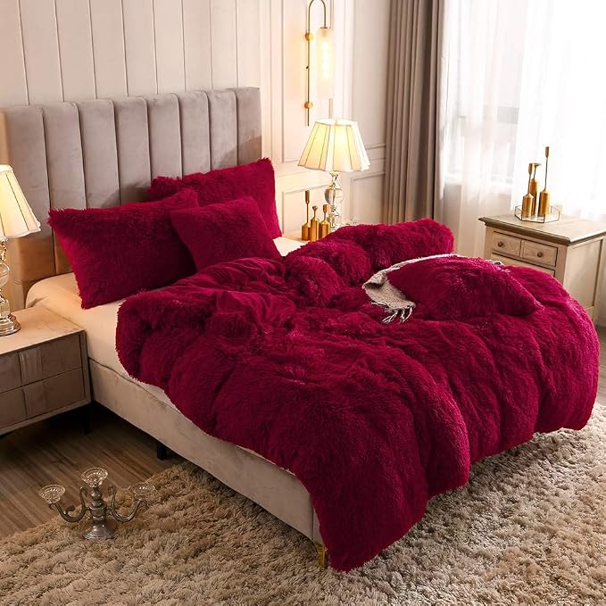 Faux Fur Velvet Fluffy Bedding Duvet Cover Set Down Comforter Quilt Cover with Pillow Sham, Ultra Soft Warm (Burgundy, Twin)