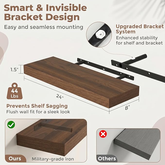 24 Inch Floating Shelves for Wall, 8"D Wood Storage Shelves, Walnut Finish | Engineered Wood, Invisible Bracket, Large Storage, Easy Install, Hold Up to 44lbs, Living Room, Bathroom, Bedroom, Kitchen