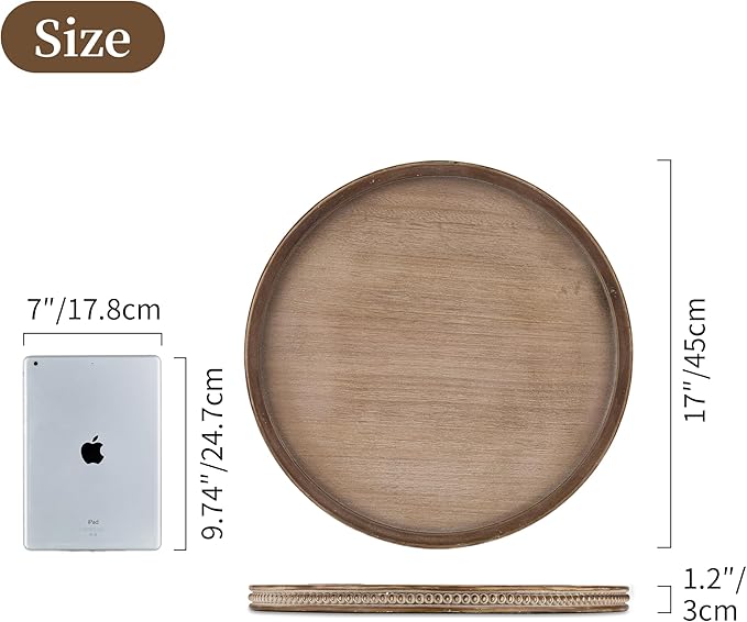 Hanobe Large Round Decorative Tray: Farmhouse Neutral Coffee Table Decor Wood Beaded Trays Vintage Ottoman for Home Counter Living Room