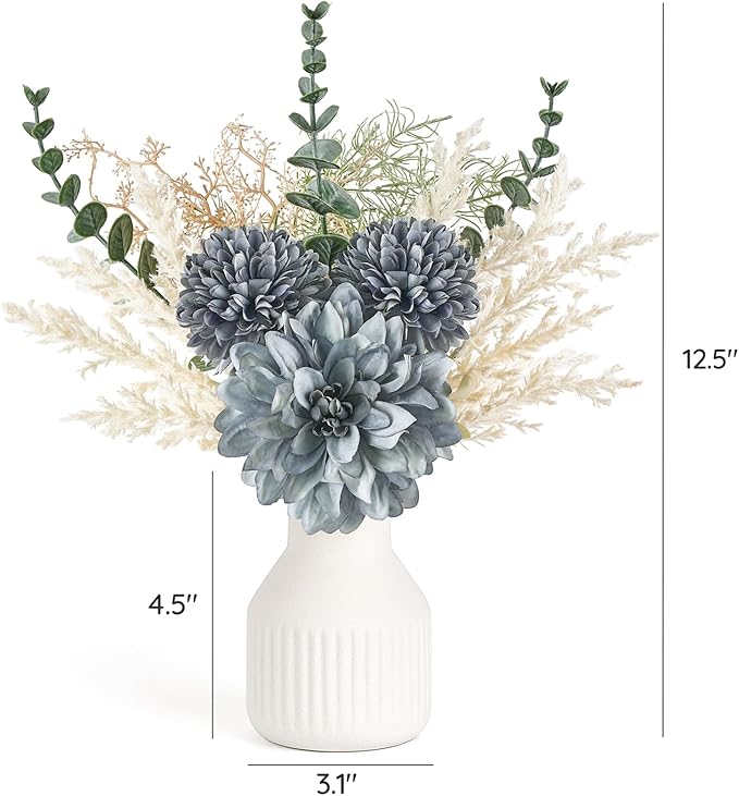 Mkono Small Artificial Flowers in Ceramic Vase 12.5" Centerpieces Coffee Table Decor, Silk Flower Arrangements for Home Decor Indoor Fake Flower Bouquet for Bathroom Dining Room Kitchen Wedding Blue