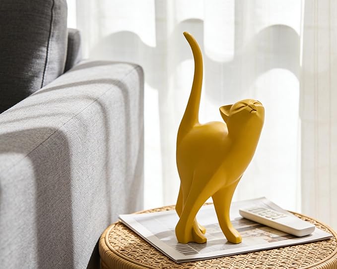 Yellow Cat Statue Modern Abstract, Home Office Shelf Decor, 7-Inch Vibrant Assorted Colors, Easy to Match Any Decor Style