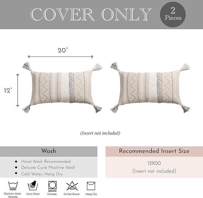 BlissBlush Decorative Lumbar Throw Pillow Covers 12x20 Combo Set of 2 Gray Rectangular Boho Accent Pillowcase Neutral Grey Farmhouse Cushion for Couch Sofa Bedroom Living Home Décor Cover ONLY