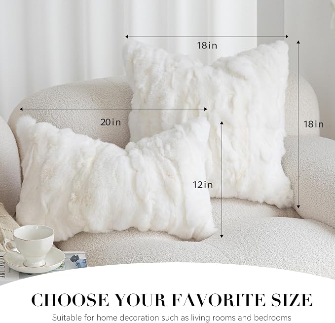 MOOX Rabbit Fur Pillow Covers Set of 2 Fur Throw Lumbar Decorative Pillow Fuzzy Soft Fluffy Genuine Animal Skin 18"x18" Sofa Couch Bed Cover, White