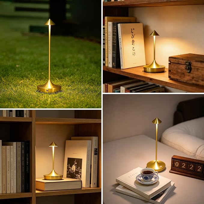 Rechargeable Cordless Table Lamp, Battery Operated LED Lamps | 3-Color Stepless Dimmable, Portable IP54 Waterproof Outdoor Lamps for Patio Dining Bar Home Office (2-Pack Glossy Gold)