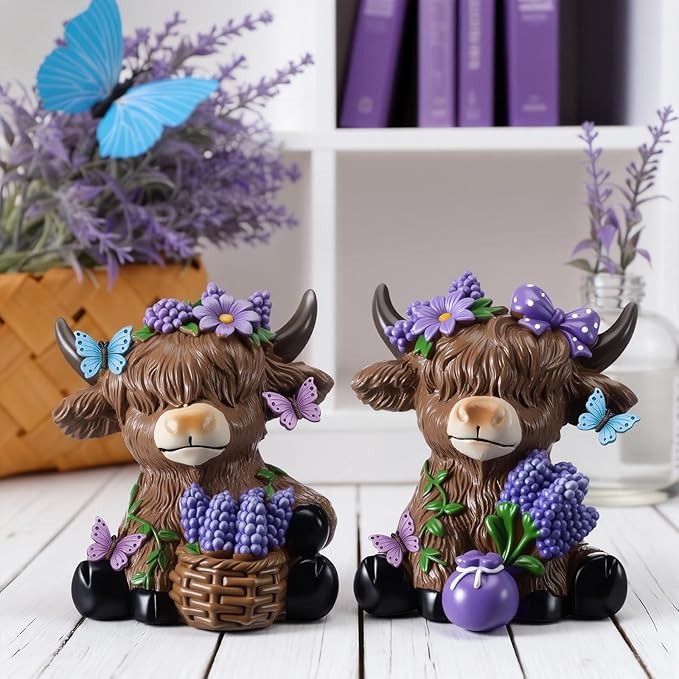 Wesiti 2 Pcs Mother's Day Lavender Highland Cow Figurines Gifts for Mom, Purple Scottish Gnome Resin Statue for Spring Summer Home Garden Kitchen Office Tiered Tray Decor
