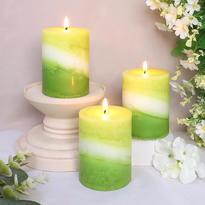 Eucalyptus Mint Scented Pillar Candles, 3x4 Inch, 100% Cotton Core Handmade Striped Paraffin Wax with Candles for Bathroom Living Room Home Decor, Set of 3, 50H+ Burn Time
