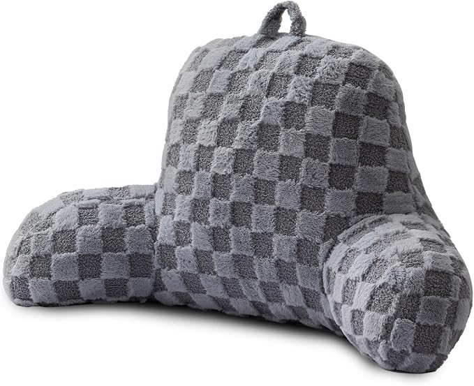 A Nice Night Faux Fur Reading Pillow,Checkered Fluffy Grid Plaid,Bed Wedge Pillow Large Adult Children Backrest with Arms for Bedrest,Grey