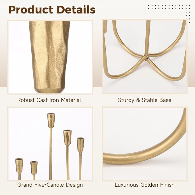 Elegant Gold 5-Candle Candelabra, 16.93 Inch Tall Cast Iron, American Vintage Taper Candle Holder with Antique Finish, Perfect Centerpiece for Dining, Living Room & Fireplace Decor