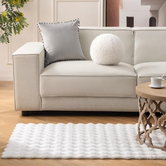 Ashler Faux Rabbit Fur Rug, White 4x6 FT Fluffy Soft Runner Area Rugs, Rectangle Fuzzy Carpet for Living Room, Bedroom, Machine Washable - 3D Bubble Mat