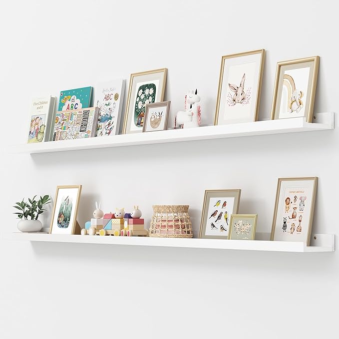 FLYJOE Picture Ledge Shelf, Floating Shelves Set of 2, Solid Ash Wood 72'' Long Large Nursery Book Shelves for Toys Storage, Kids Bookshelf for Living Room Bedroom Decor Books Photo Frames, White