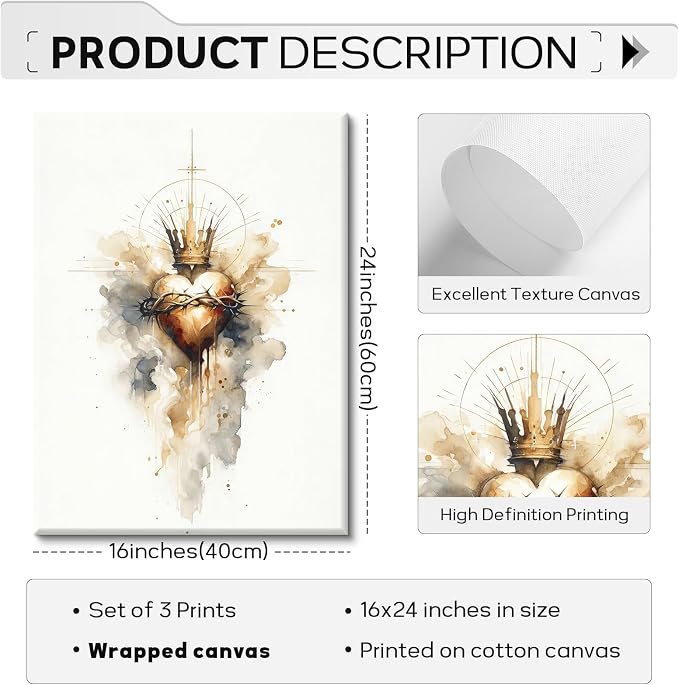 Jesus Canvas Wall Art Sacred heart of Jesus Pictures Christian Wall Decor Catholic Poster Religious Wall Art Heart of Mary and Joseph Painting Divine Mercy Prints for Bedroom 16x24 Inch Ready to Hang