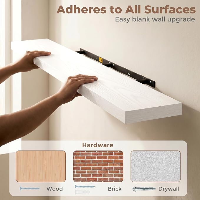 Venusmiles Floating Shelves for Wall, 40 Inch Floating Shelves Set of 2, 6.5" D Wooden Wall Mounted Display Shelves with Invisible Brackets for Living Room, Bedroom, Bathroom, Kitchen Decor, White