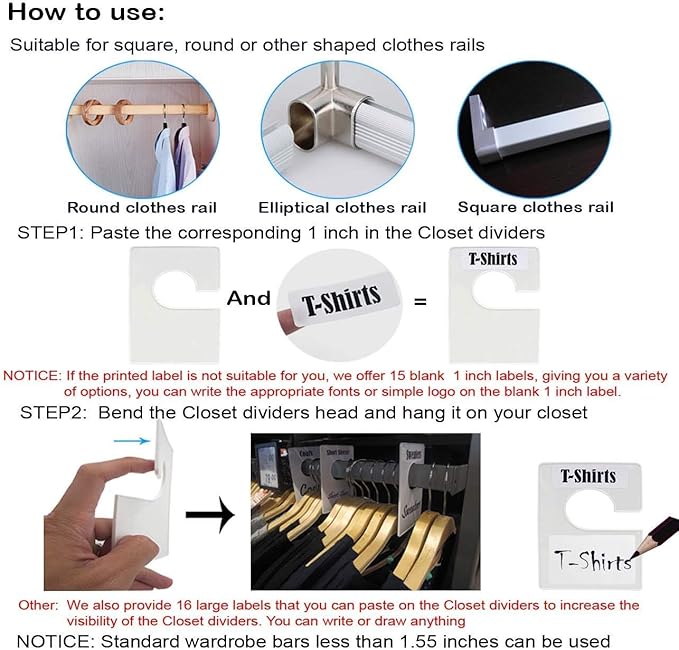 32 Pack White Clothing Rack Size Dividers Plus 150 Labels (1 Inch) and 40 Large Blank Labels, Large Rectangular Clothing Closet Dividers (Pearl White)