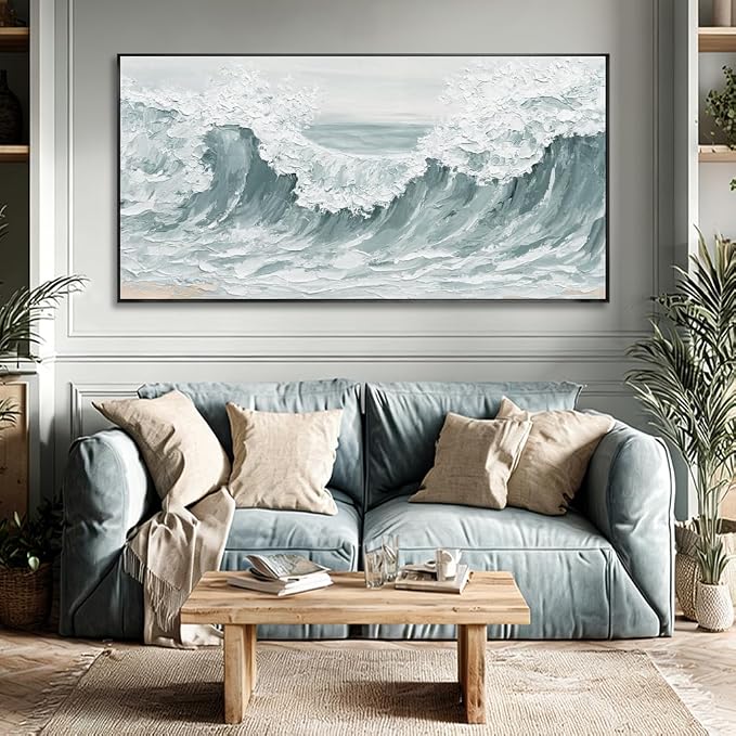 Sea Wave Abstract Light Green Wall Art for Living Room Artwork Canvas Art Wall Decor Painting Print Picture for Bedroom Office Hotel Home Decoration 24"x48"With Framed
