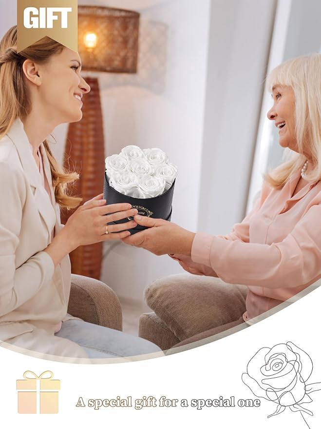 Beaulasting Long Lasting Preserved Roses in a Box Last a Year Forever Flowers for Her Mom Wife Anniversary Birthday (Round Black Box, White)