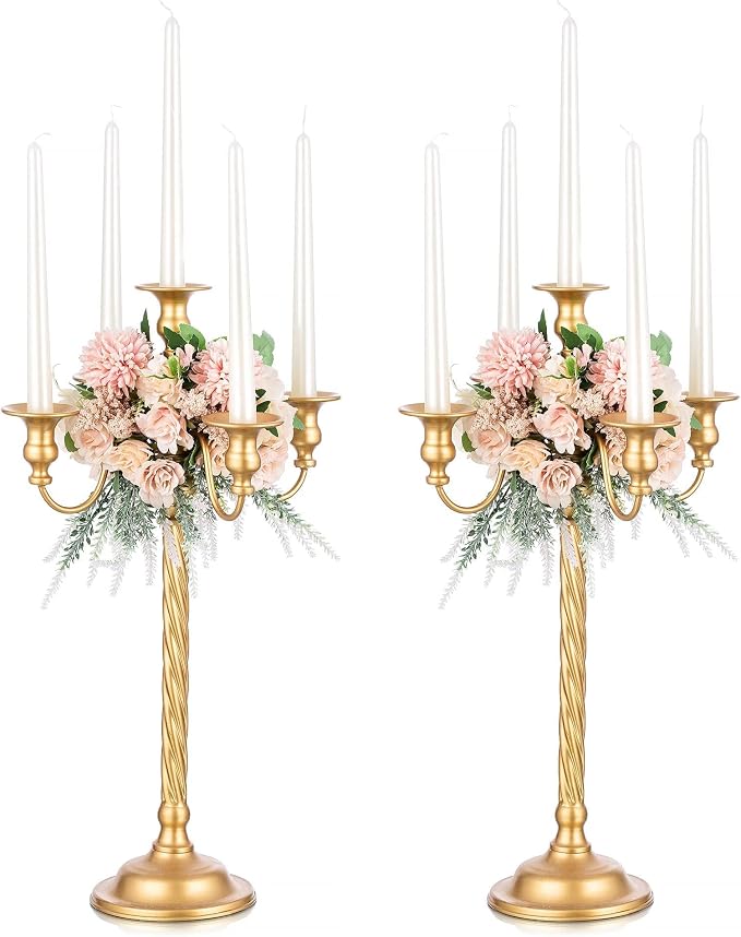 Romadedi Gold 5-Arm Candelabra for Taper Candles, 21 in, Pack of 2 | Metal Candlestick Holders with Curved Branches for Wedding Centerpiece, Reception, Dining Table, and Christmas Decor.