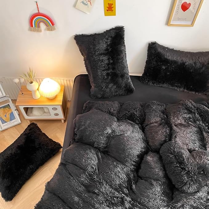 chovy Faux Fur Plush Black Comforter Sets King - Ultra Soft Shaggy Flannel Velvet Fluffy Fuzzy 3PC Bedding Set （Comforter x 1 Pillowcases x 2）