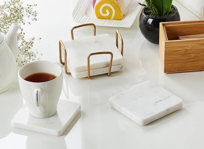 Queenza White Marble Coaster Set with Holder, 4 Inch Square Modern Coasters for Coffee Table - Coasters with Padded Bottom
