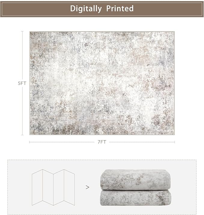 Srugn Washable Rugs 5x7 Area Rugs for Living Room,Modern Abstract Rugs for Bedroom,Large Carpets,Ultra Soft Faux Wool Retro Dining Room Rug,Non Slip&Non-Shedding Low Pile Print Rug- Beige Grey