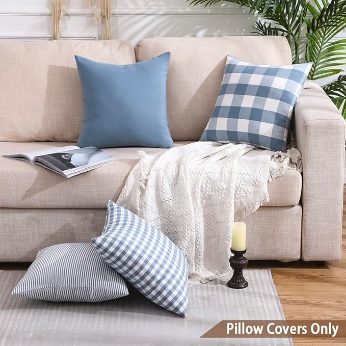 CARRIE HOME Light Blue Pillow Covers Farmhouse Plaid Throw Pillows 18x18 Set of 4 Spring Summer Blue Decorative Pillow Neutral Decor for Couch Sofa and Porch Chair, Gray Blue