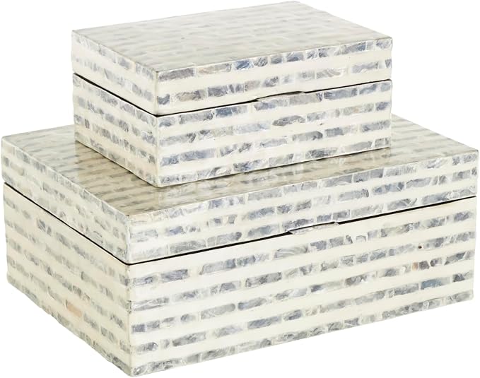 Deco 79 Mother of Pearl Shell Geometric Handmade Decorative Box Linear Mosaic Storage Decorative Keepsake Box with Cream Underlay, Set of 2 Storage Box 12", 8"W, Cream