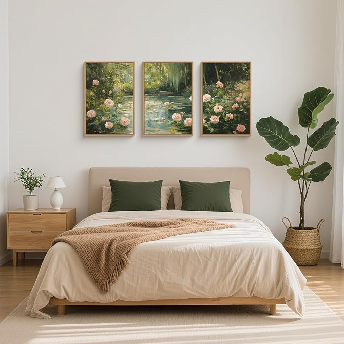 Water Lilies Monet Framed Canvas Wall Art Set,Garden Pond Impressionist Floral Wall Decor,Vintage Oil Green Vibrant Flower Botanical Artwork for Living Room, Bedroom,Farmhouse- 16"x24"x3
