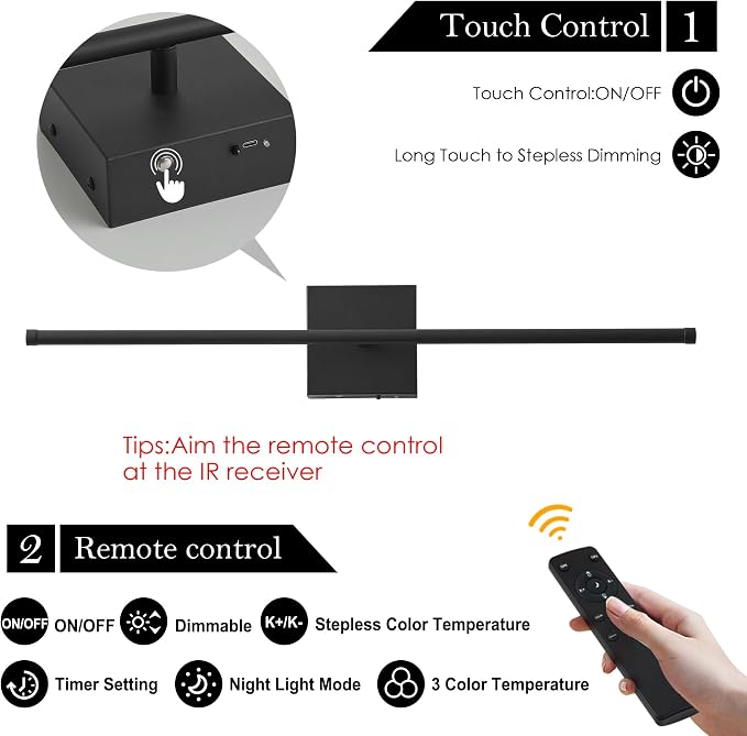 KARTOOSH Removable Battery Operated Wall Sconces with Remote Control, Stepless Colors 3000K-6000K & Dimming, 350°Rotate, LED Black Wireless Wall Light for Living Room, Bedroom, 24.4 Inch (2 Pack)