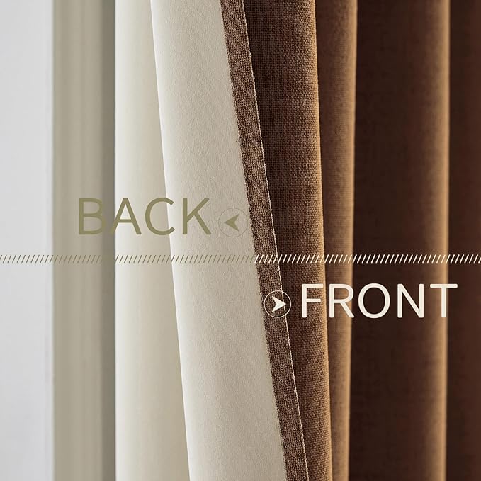 MIULEE 100% Blackout Linen Curtains for Bedroom Thermal Insulated Brown Grommet Room Darkening Curtains & Drapes Fall Decor for Living Room Nursery 52 x 84 Inch (2 Panels)