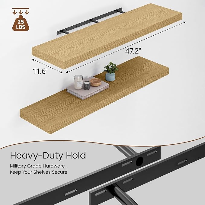 Heimlove 48W x 12D Long Floating Shelf, 12 Inch Deep Floating Shelves for Wall Set of 2, Wood Shelves for Bedroom Living Room Bathroom Kitchen Home Office, Wall Shelves with Heavy Duty Bracket, Oak