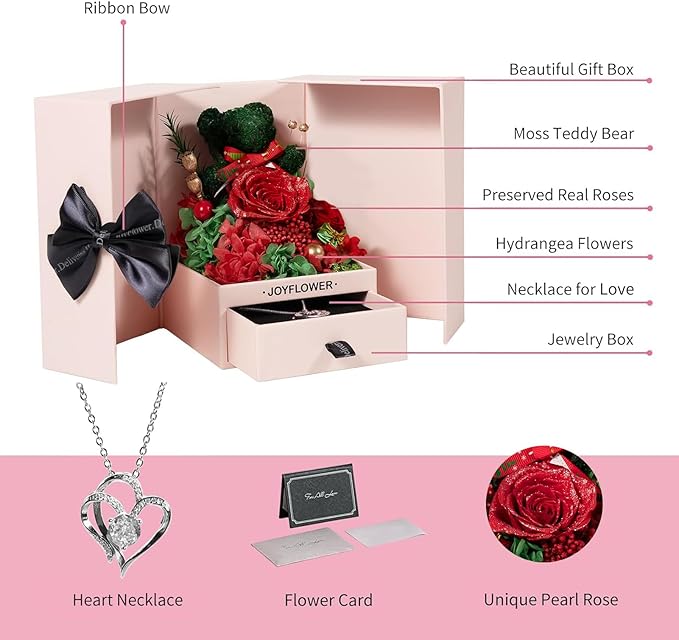 JoyFlower for Women, Christmas Decor with Forever Flowers, Preserved Flowers Bear with Necklace Gifts, Unique Eternal Rose Bear Gift on Christmas for Girlfriend Wife Mom Grandma Her
