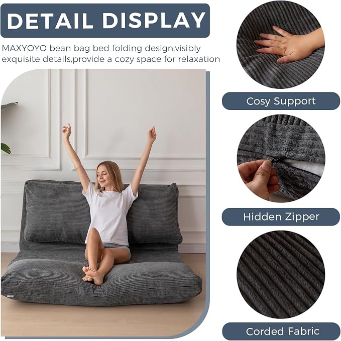 MAXYOYO Folding Sofa Bed, Extra Thick and Long Floor Sofa Convertible Chair with Washable Cover, Floor Couch Lounge Bean Bag Bed for Living Room, Dark Grey, 54x91 Inch